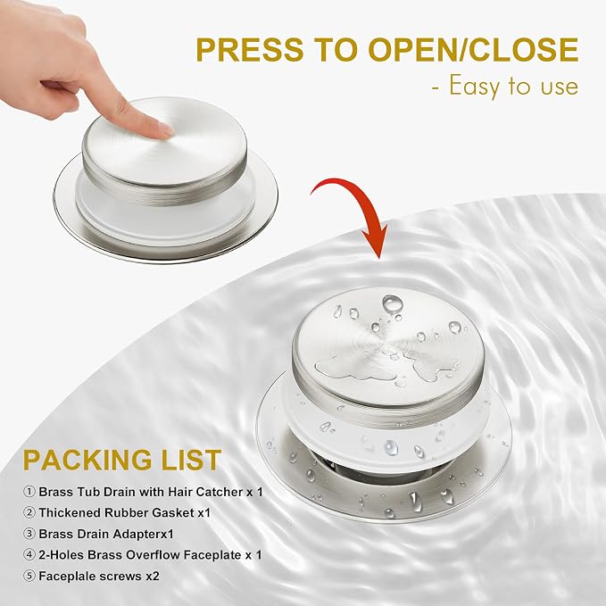 Brushed Nickel Bathtub Drain Stopper and Overflow Kit, Solid Brass Tip-Toe Bath - Image 4