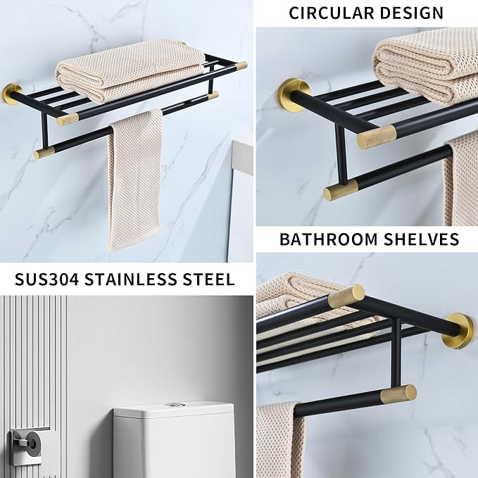 Black Brushed Gold Towel Rack 24'' Bath Towel Shelf - Image 5