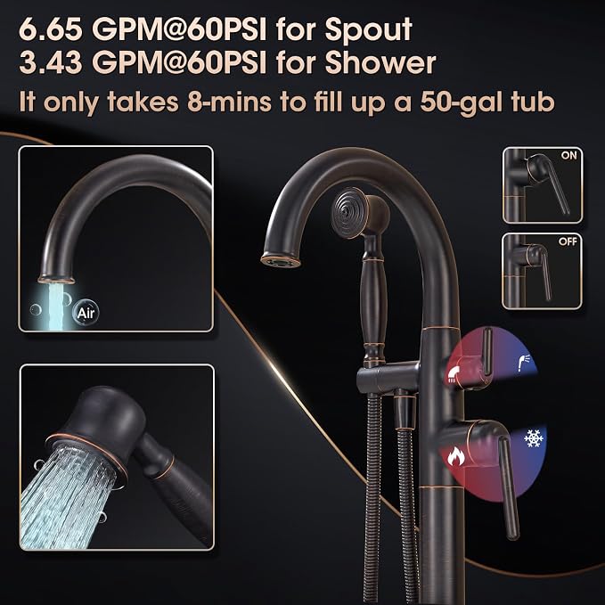 Freestanding Tub Faucets Bathroom Floor Mounted Waterfall Tub Filler Brass High - Image 3