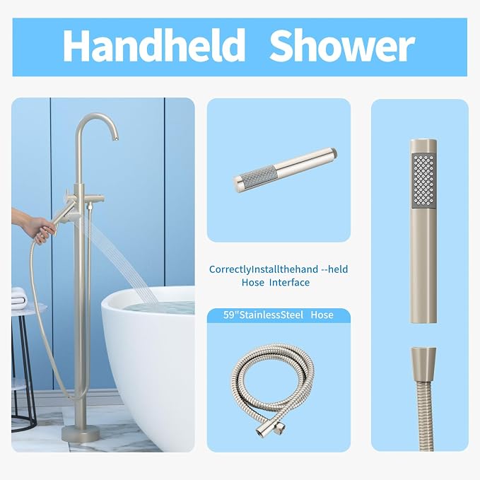 Freestanding Tub Filler Brushed Nickel Floor Mount Bathtub Faucet Bathroom - Image 5