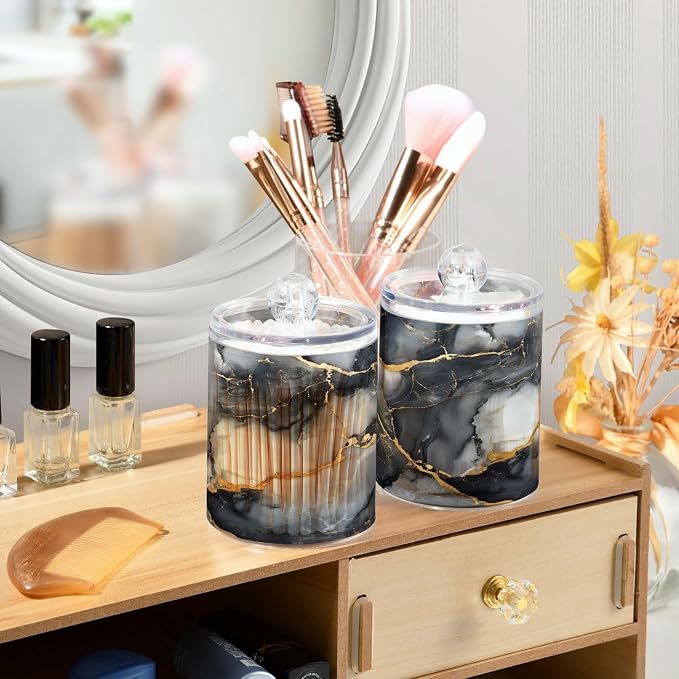 MNSRUU 2 Pack Qtip Holder Organizer Dispenser Abstract Black White Gold Marble - Image 5