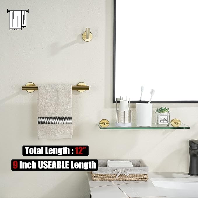 JQK Bathroom Towel Bar, Brushed Gold 12 Inch 304 Stainless Steel Thicken 0.8mm - Image 3