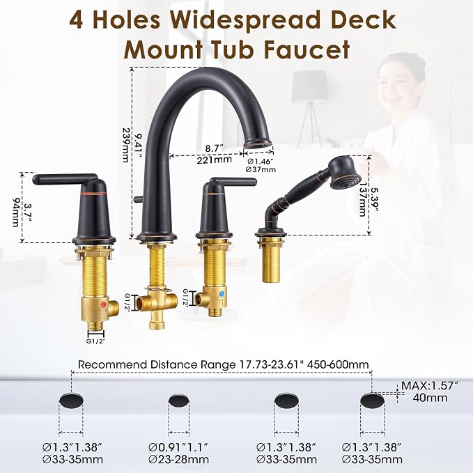 Bathtub Faucet with Sprayer Bathroom Brass Roman Tub Faucet with Rough-in Valve - Image 7