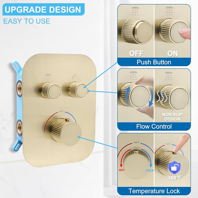 Thermostatic Shower System 16 Inch Ceiling Mount Brushed Gold Shower System - Image 3