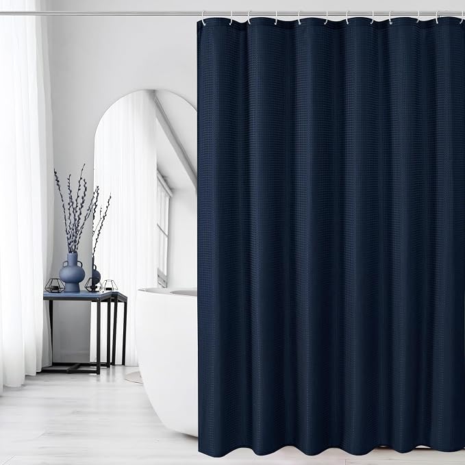 Gibelle Navy Blue Shower Curtain, Waffle Weave Textured Fabric Shower Curtain - Image 6