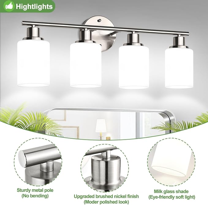 4-Light Bathroom Light Fixtures, Brushed Nickel Modern Vanity Lights - Image 4