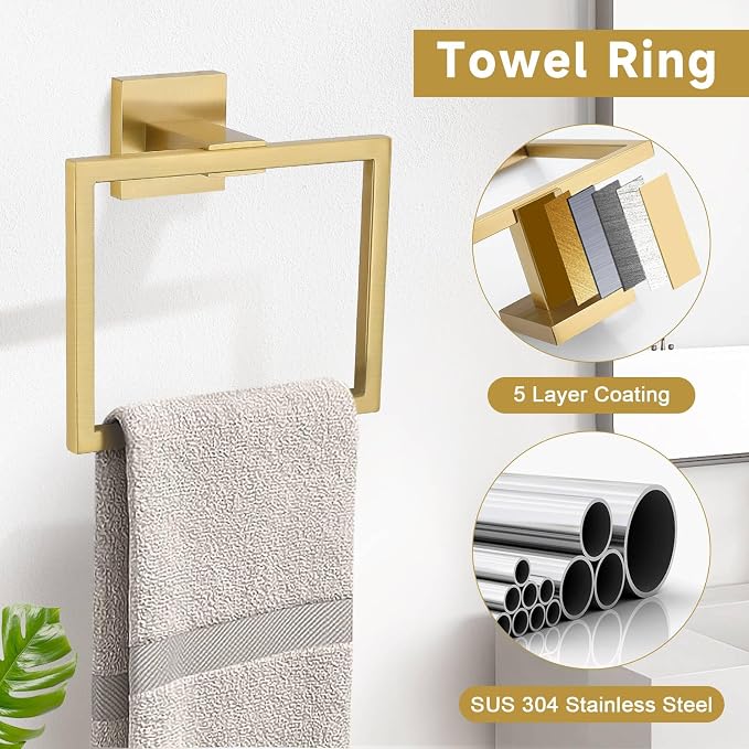 Brushed Gold 5 Pieces Bathroom Hardware Accessories Set Towel Bar Set Towel - Image 3