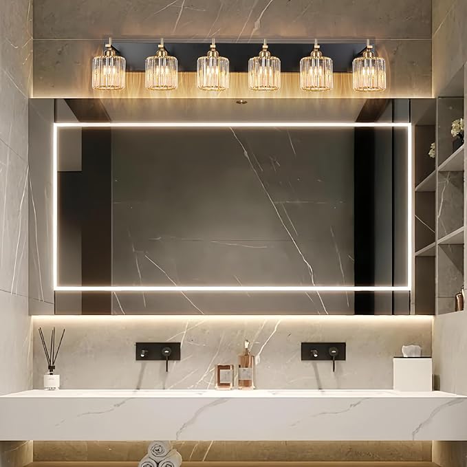 6-Light Crystal Bathroom Vanity Light, Modern Black Gold Bathroom Light - Image 2