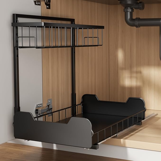 Under Sink Organizer, 2-Tier L-Shaped Pull Out Cabinet Shelf by Unknown