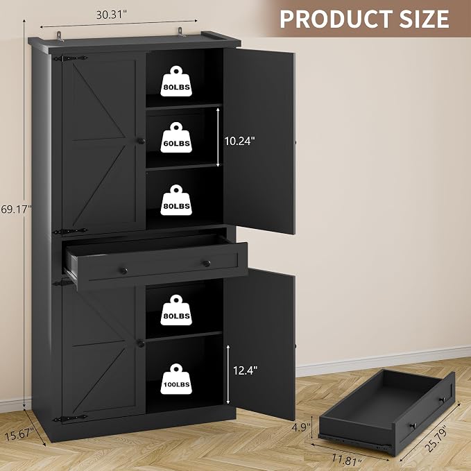 Pantry Organizers and Storage Cabinet, 70” Barn Door White Kitchen Cabinet - Image 2