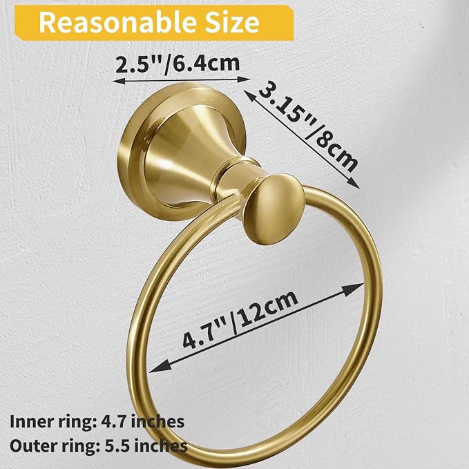 BESy Brushed Gold Bathroom Hand Towel Ring Towel Holder, Rustproof Wall Mounted - Image 6