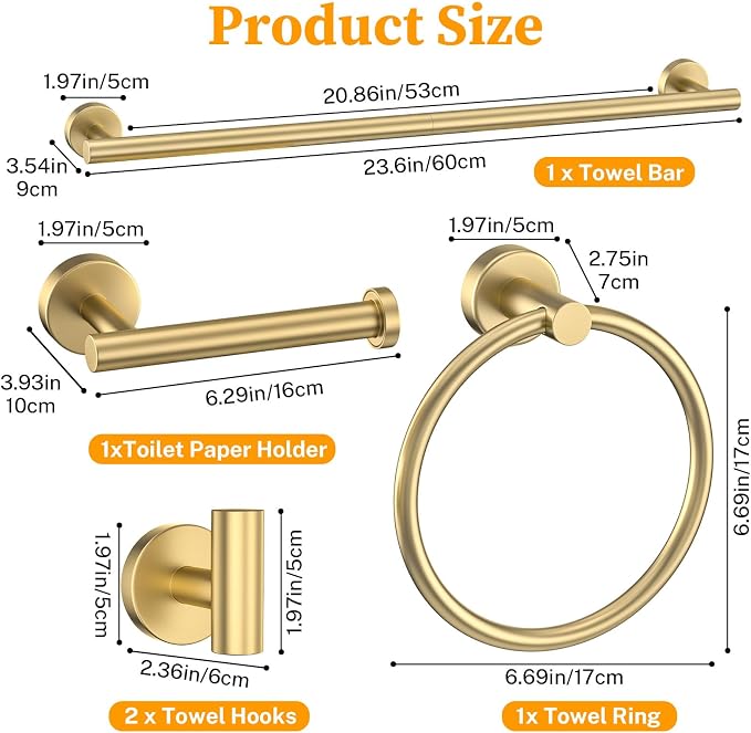 Brushed Gold Towel Bar Set 10 Pieces Round Bathroom Hardware Set Includes - Image 6