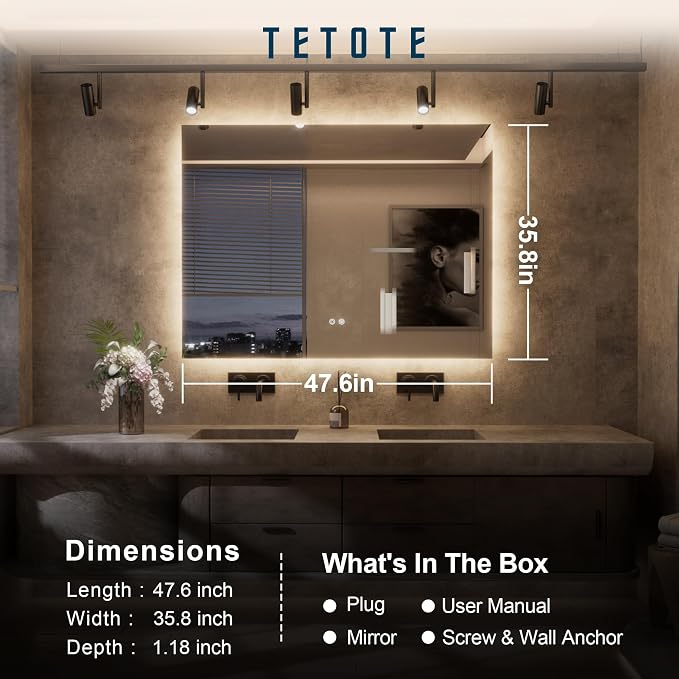 TETOTE 48 x 36 Inch LED Backlit Bathroom Mirror - Image 8
