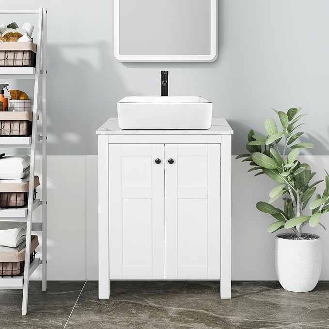 24" White Bathroom Vanity with Marble Texture Top, Traditional Standing - Image 7