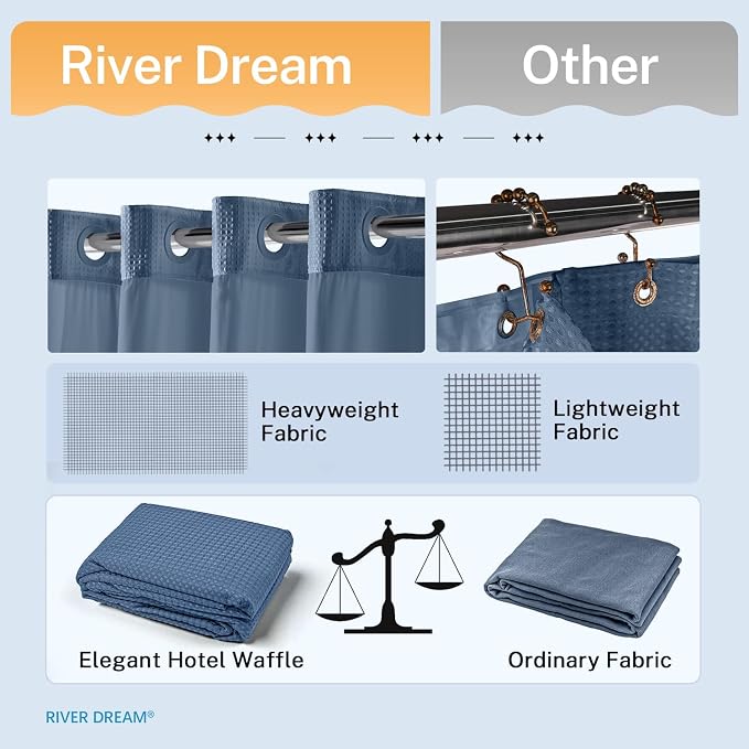River Dream Blue Shower Curtain No Hooks Required Dotted Waffle Weave Shower - Image 6