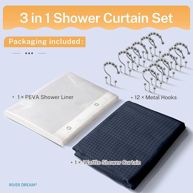 River Dream 3 in 1 Shower Curtain Set, Waffle Fabric Shower Curtain and - Image 6