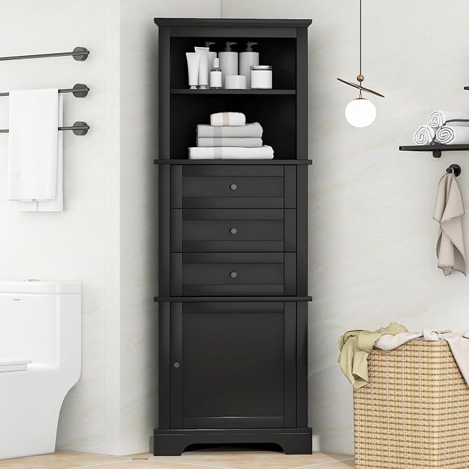 Storage Corner Cabinet with 3 Drawers and Door, Tall Line Pantry Home Space - Image 3