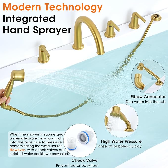 Roman Bath Tub Faucet Set with Sprayer, 5 Hole Widespread Deck Mount Bathtub - Image 8
