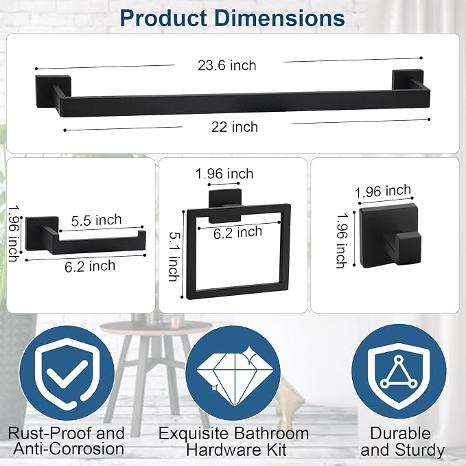 15 Pieces Bathroom Hardware Set, Matte Black Bathroom Accessories Set, Towel - Image 2