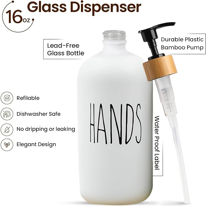 16 OZ Thick White & Black Glass Soap Dispenser, Bamboo Pump - Image 2