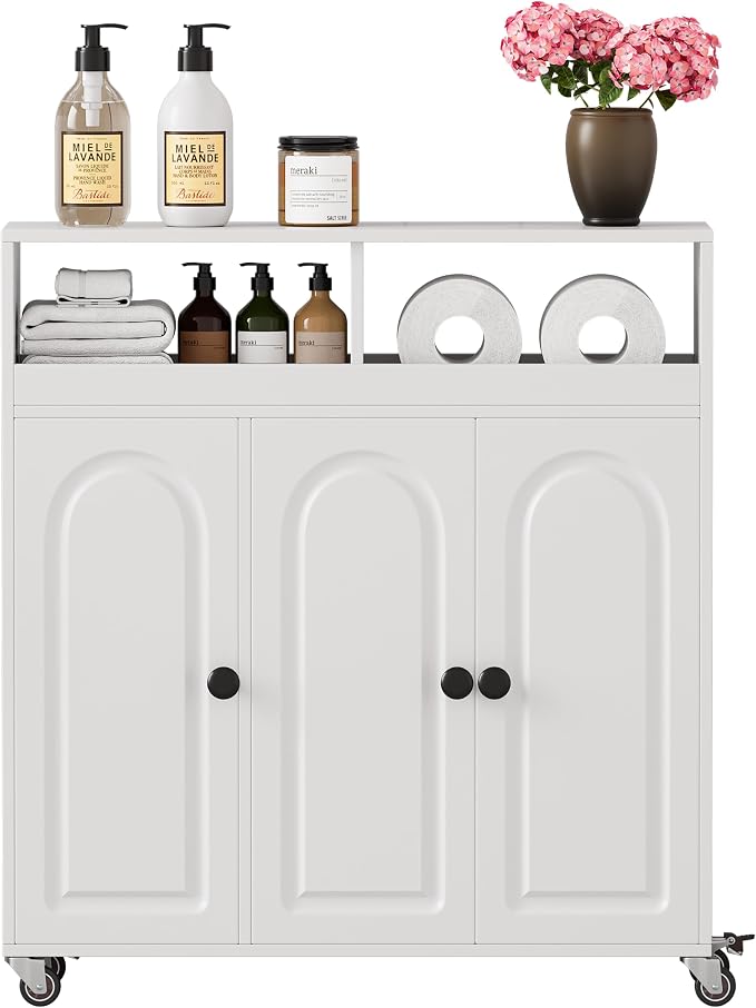 Bathroom Storage Cart with Doors，3-Door Cabinet & Divided Open Shelf，Rolling by VDNEND