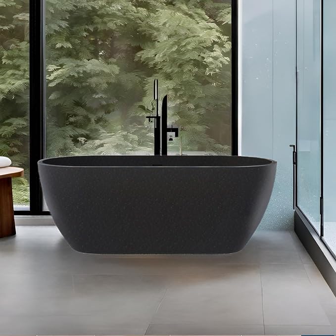 Stone Resin Freestanding Bathtub 63", Terrazzo Bathtub Soaking Tub, Solid - Image 6