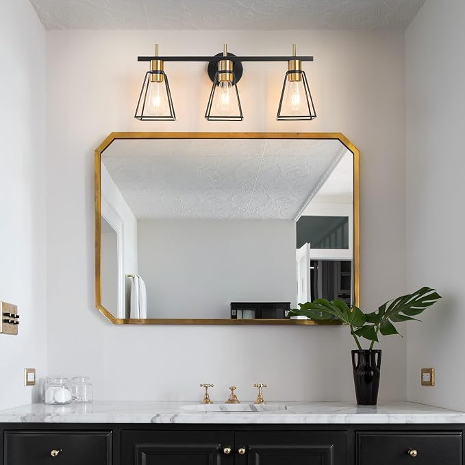 Industrial Bathroom Vanity Lights: 3-Light Black and Gold Vintage Metal Cage - Image 5