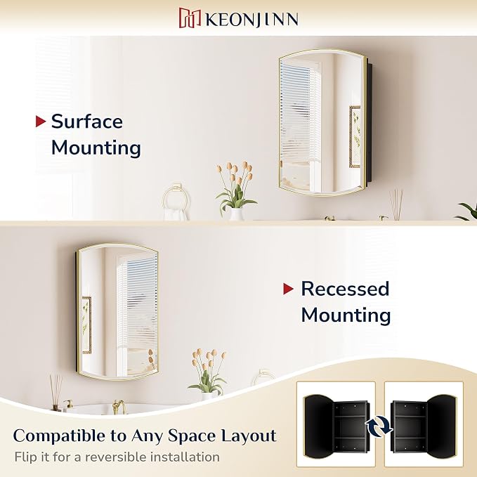 Keonjinn Medicine Cabinet 16 x 26 Inch, Surface Mount or Recessed Cabinets - Image 6