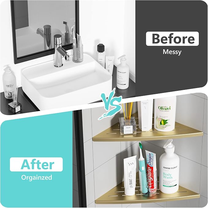 Corner Shower Shelf Brushed Golden, 304 Stainless Steel 11.5” Recessed Corner - Image 7