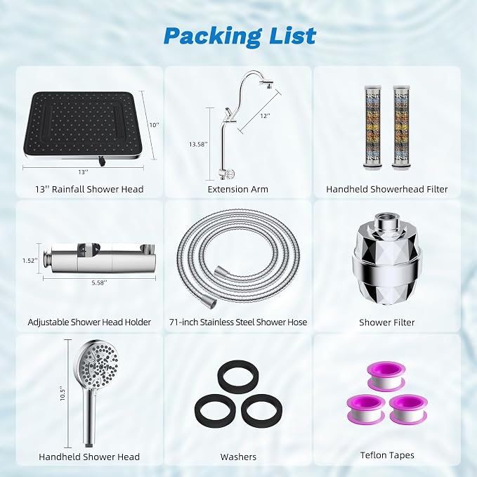 Hibbent 5-spray Dual Filtered Rainfall Shower Head Combo, High Pressure 13'' - Image 9