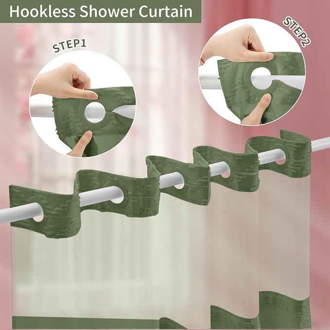 Hookless Shower Curtain with Snap in Liner 71" x 74" Double-Layer Waterproof - Image 2