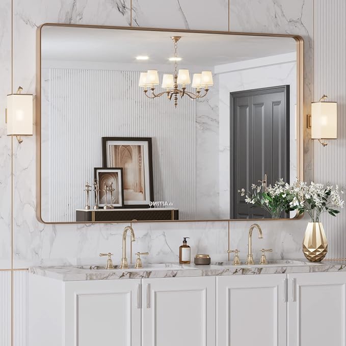 LOAAO 48”X32” Gold Bathroom Mirror, Rounded Rectangle Gold Frame Mirror - Image 4