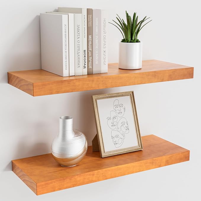 Pine Floating Wall Shelves Set of 2, 16 Inches Long x 8”x 1.4” Shelf Floating by VIVELOVE