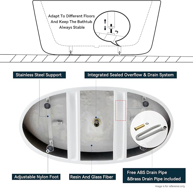 FerdY Tahiti 55" Acrylic Freestanding Bathtub, Elegant Oval Shape Soaking - Image 5