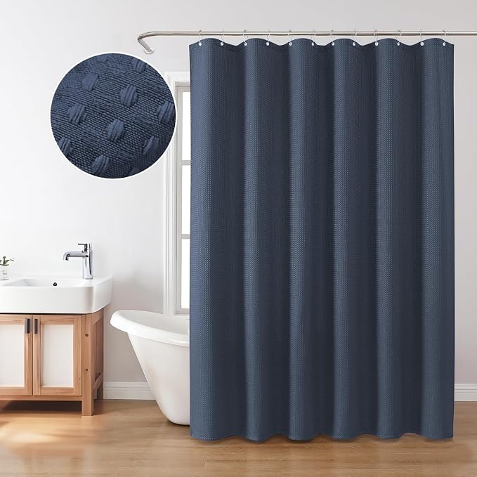 Inhousolu Fabric Shower Curtain Waffle Weave, Weighted Hem, 8 Metal Hooks - Image 7