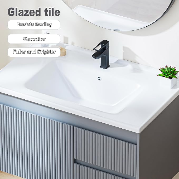 Floating Bathroom Vanity with Sink, 32 Inch Wall Mounted Bathroom Vanity with 2 - Image 3