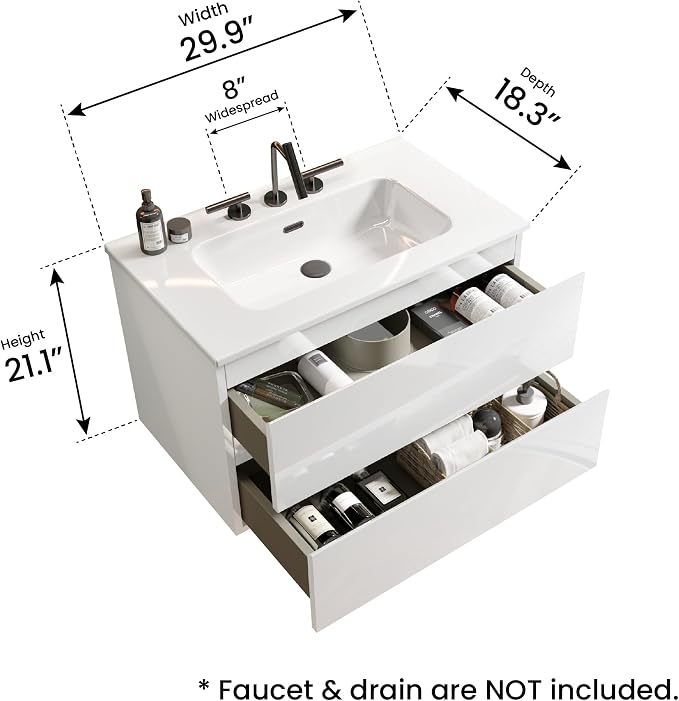 30" Bathroom Vanity with Sink, Modern Floating Vanity with Double Soft Closing - Image 2
