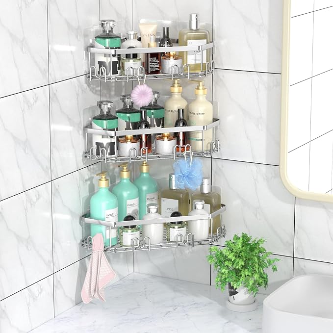 STEUGO Corner Shower Caddy, 3 Pack Adhesive Shower Corner Organizer Shelves - Image 3
