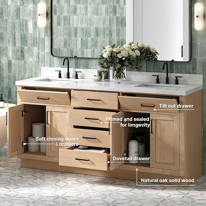 ARIEL Double Bathroom Vanity 73" Inch Oak - Image 3