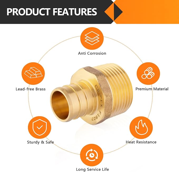 10-Pack HeSun PEX Fittings, Brass Crimp Male Adapter Fitting, ASTM F1807 - Image 3