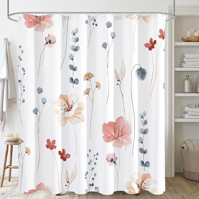Gibelle Extra Long Shower Curtain 72 x 84, Watercolor Floral Fabric Shower by Gibelle
