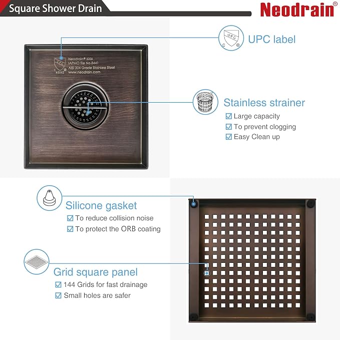 Neodrain 6 in Square Shower Drain, Oil Rubbed Bronze, Removable Quadrato - Image 8