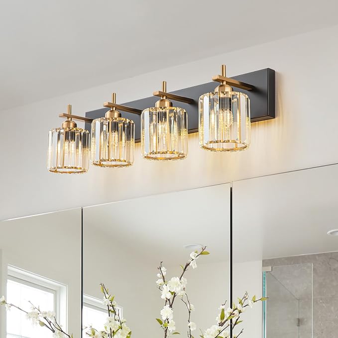 Black Gold Crystal Bathroom Vanity Light, Modern 4-Lights Bathroom Light by HUOKU