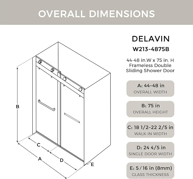 DELAVIN 44"-48"W x 75"H Frameless Shower Door, Double Sliding Shower Door - Image 8