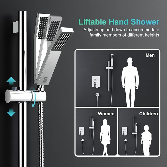 SR SUN RISE 12 Inch Slide Bar Shower System, Square Rain Shower Head and - Image 2