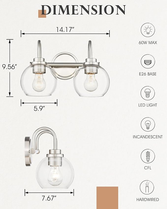 2-Light Bathroom Vanity Light, Brushed Nickel Vanity Light - Image 3