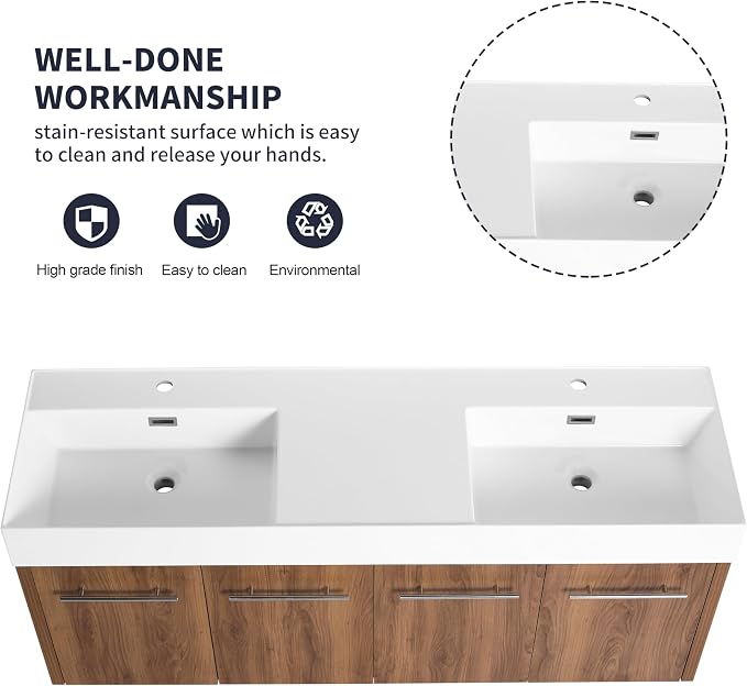 60” Wall Mounted Bathroom Vanity, Bathroom Cabinet - Image 3