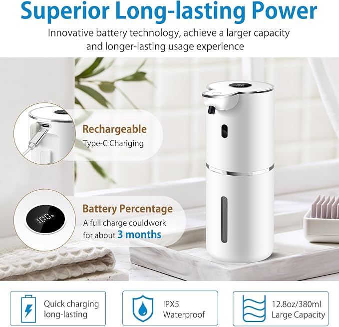Automatic Liquid Soap Dispenser 12.8oz, Rechargeable & 6 Levels Soap Adjustable - Image 4