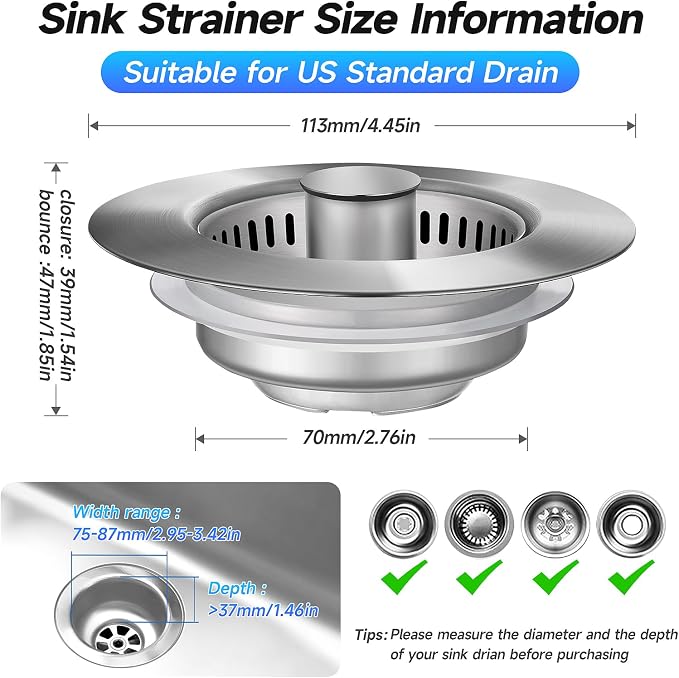 3 in 1 Kitchen Sink Drain Strainer Sink Stopper, Stainless Steel Sink Drain - Image 6