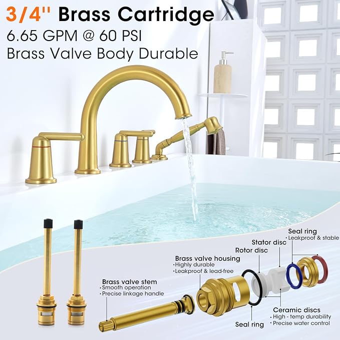 Roman Bath Tub Faucet Set with Sprayer, 5 Hole Widespread Deck Mount Bathtub - Image 4
